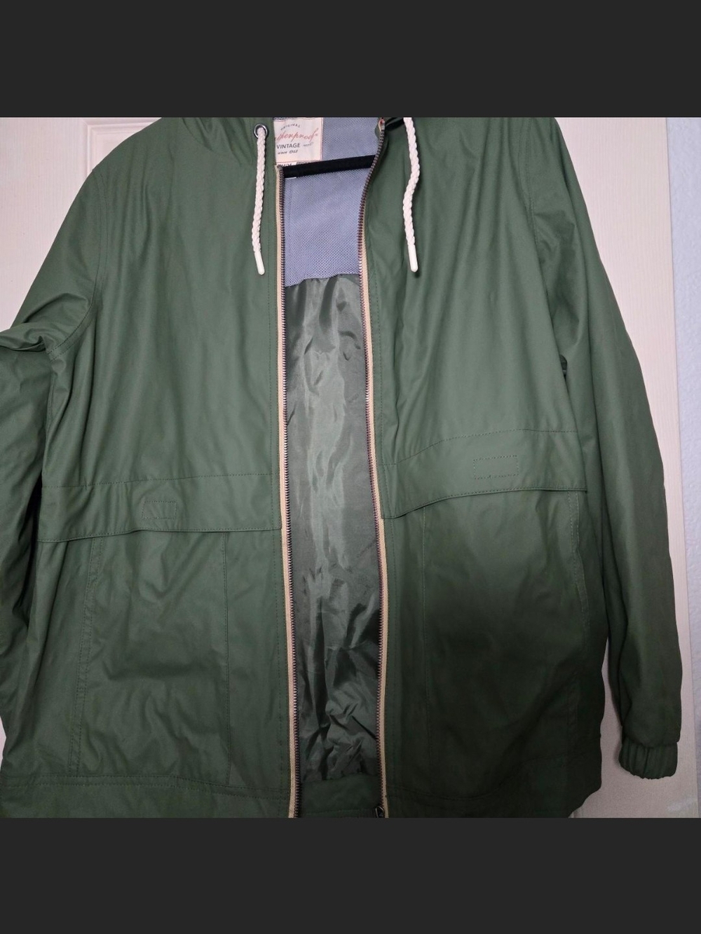 Weatherproof Olive Green Hooded Raincoat with White Drawstrings